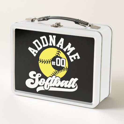 ソフトボパーソナライズされたールプレーヤーの名前の追加レトロチーム メタルランチボックス (正面)