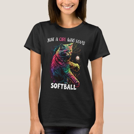 ソフトボールと猫が大好きな女カラフルの子 Tシャツ (正面)