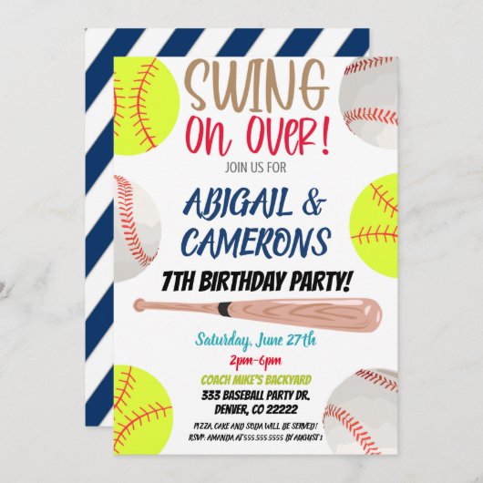 ソフトボールと野球のパーティー招待状 招待状 (正面/裏面)
