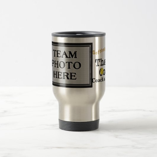 ソフトボールのコーチのギフトのアイディアのパーソナライズなチーム写真 トラベルマグ (中央)