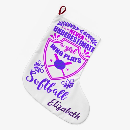 ソフトボールを持つ女の子を決して過小評価しな遊いこと ラージクリスマスストッキング (正面 (吊り時))