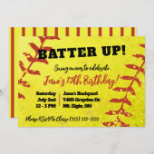 ソフトボールイエローとレッドの子供の誕生日パーティー 招待状 (正面/裏面)