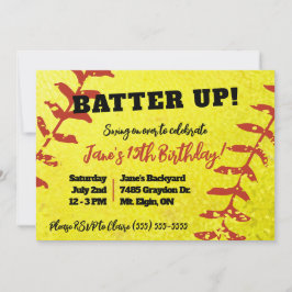 ソフトボールイエローとレッドの子供の誕生日パーティー 招待状