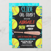 ソフトボールウォータースライド誕生日パーティーへの招待 招待状 (正面/裏面)