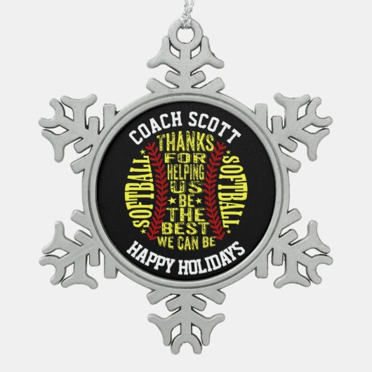 ソフトボールコーチギフトパーソナライズされたクリスマス スノーフレークピューターオーナメント (正面)