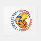 ソフトボールバスケットボールバレーボールハート3スポーツ フリースブランケット (正面(横))