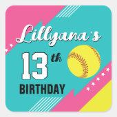 ソフトボールピンクティール(緑がかった色)イエローバースデーパーティーエンベロープ スクエアシール (正面)