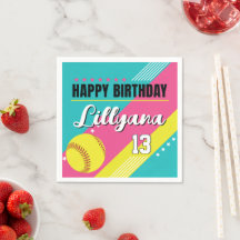 ソフトボールピンクティール（緑がかった色）黄色の誕生日パーティー、任意の年齢