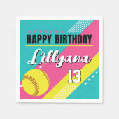 ソフトボールピンクティール（緑がかった色）黄色の誕生日パーティー、任意の年齢 スタンダードカクテルナプキン (正面)