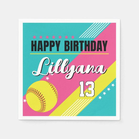 ソフトボールピンクティール（緑がかった色）黄色の誕生日パーティー、任意の年齢 スタンダードカクテルナプキン (正面)