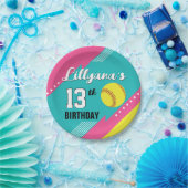 ソフトボールピンクティール（緑がかった色）黄色の誕生日パーティー、任意の年齢 ペーパープレート (パーティー)