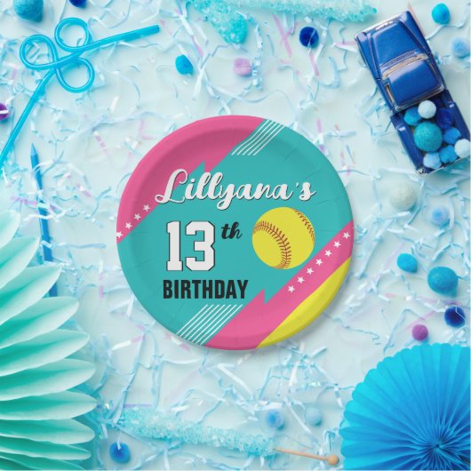 ソフトボールピンクティール（緑がかった色）黄色の誕生日パーティー、任意の年齢 ペーパープレート (パーティー)