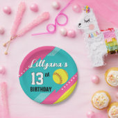 ソフトボールピンクティール（緑がかった色）黄色の誕生日パーティー、任意の年齢 ペーパープレート (パーティー)