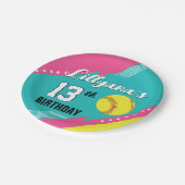 ソフトボールピンクティール（緑がかった色）黄色の誕生日パーティー、任意の年齢 ペーパープレート (アングル)