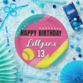 ソフトボールピンクティール（緑がかった色）黄色の誕生日パーティー、任意の年齢 ペーパープレート (パーティー)