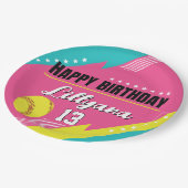 ソフトボールピンクティール（緑がかった色）黄色の誕生日パーティー、任意の年齢 ペーパープレート (アングル)