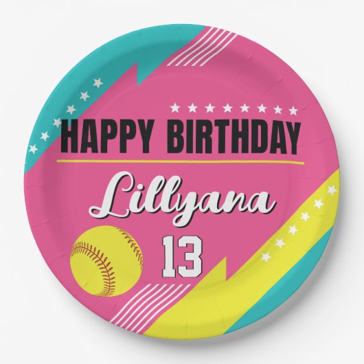 ソフトボールピンクティール（緑がかった色）黄色の誕生日パーティー、任意の年齢 ペーパープレート (正面)