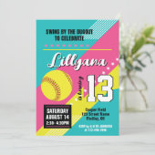 ソフトボールピンクティール（緑がかった色）黄色の誕生日パーティー、任意の年齢 招待状 (スタンド正面)