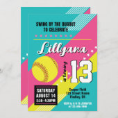 ソフトボールピンクティール（緑がかった色）黄色の誕生日パーティー、任意の年齢 招待状 (正面/裏面)