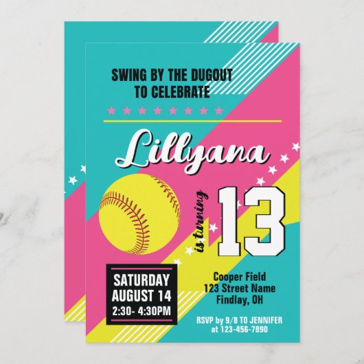 ソフトボールピンクティール(緑がかった色)黄色の誕生日パーティー、任意の年齢 招待状 (正面/裏面)