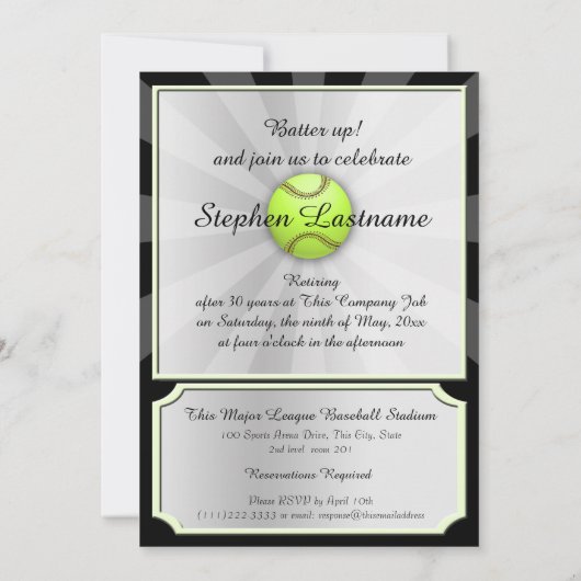 ソフトボールフィールドパス退職パーティの招待状 招待状 (裏面)