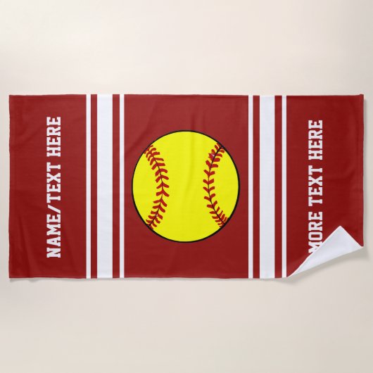 ソフトボールプレーヤーの名前のチームクラブ名前のカスタム色 ビーチタオル (正面)
