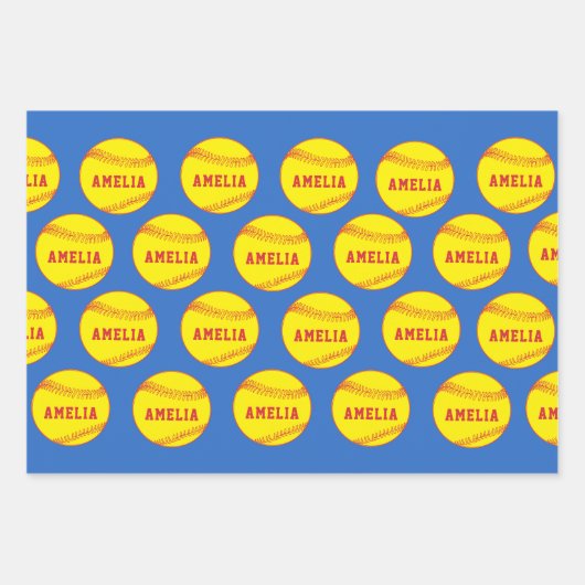 ソフトボールプレーヤーキッズ名誕生日 ラッピングペーパーシート (正面)