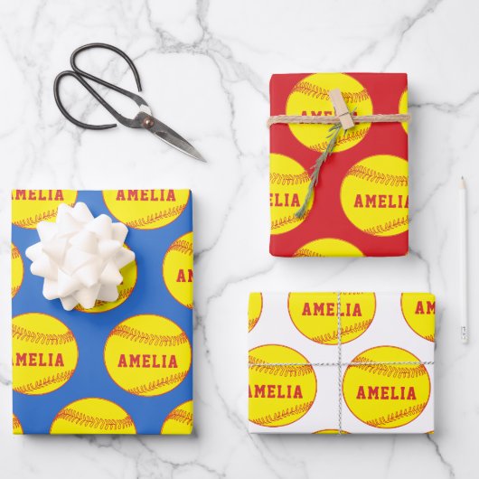 ソフトボールプレーヤーキッズ名誕生日 ラッピングペーパーシート (正面)