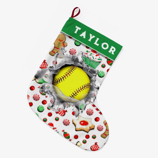 ソフトボールホリデーギフト ラージクリスマスストッキング (正面 (吊り時))