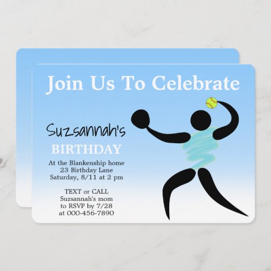 ソフトボール女子のカスタム誕生日パーティー招待状 招待状 (正面/裏面)