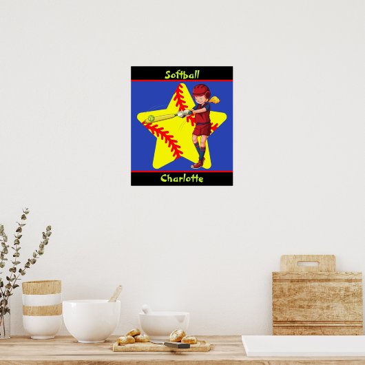 ソフトボール女子スターバッタースイングパーソナライズされた ポスター (キッチン)