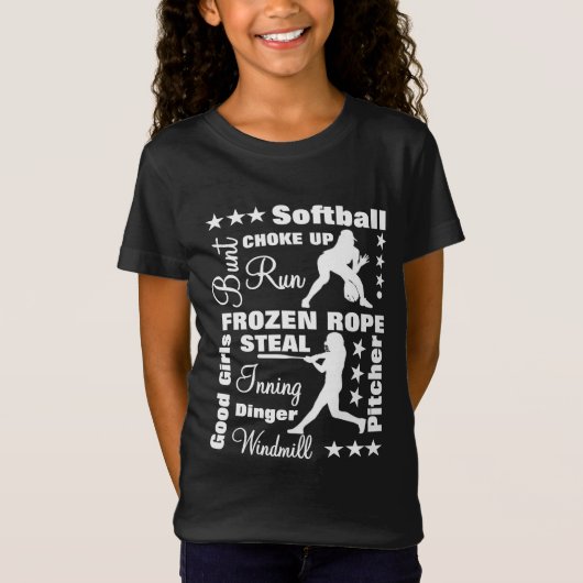 ソフトボール女子スポーツ用語タイポグラフィ Tシャツ (正面)
