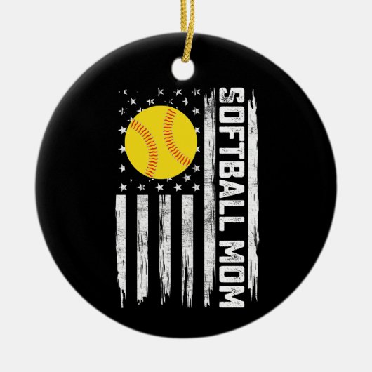 ソフトボール母アメリカ米国国旗のヴィンテージ母の日 セラミックオーナメント (正面)