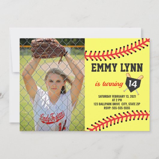 ソフトボール誕生日写真 招待状 (正面)