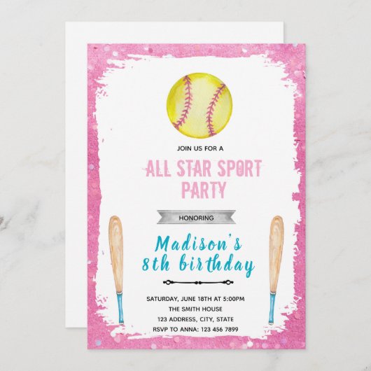 ソフトボール誕生日招待状 招待状 (正面/裏面)
