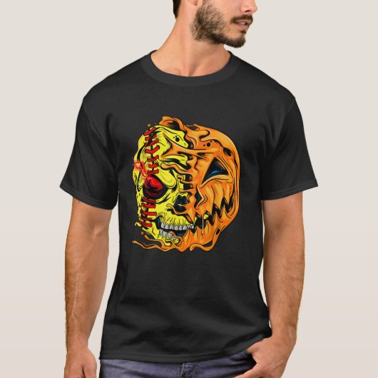 ソフトボール選手ハロウィンパンプキンスケルトンスカルK Tシャツ (正面)