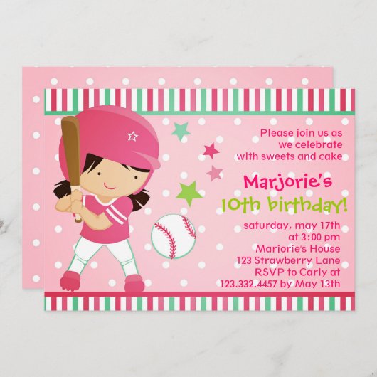 ソフトボール·ガール·ピンクの誕生日パーティーの招待 招待状 (正面/裏面)