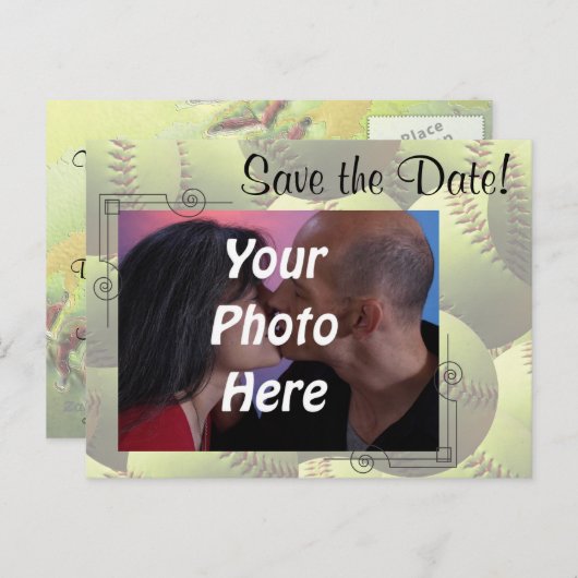ソフトボー結婚ルスポーツのテーマ写真デートを保存! 案内ポストカード (正面/裏面)