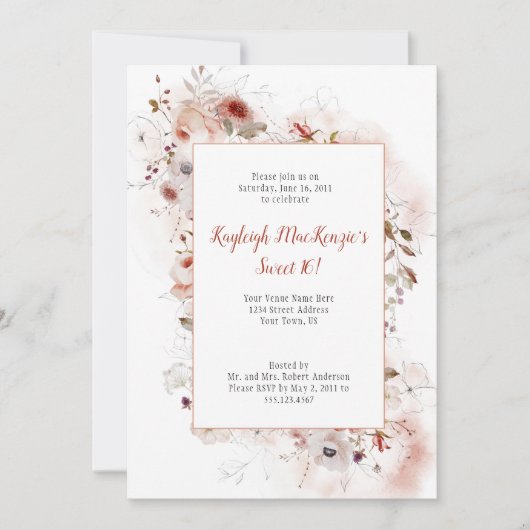 ソフトマルサラブルガンディテラコッタフローラスウィート16 招待状 (正面)