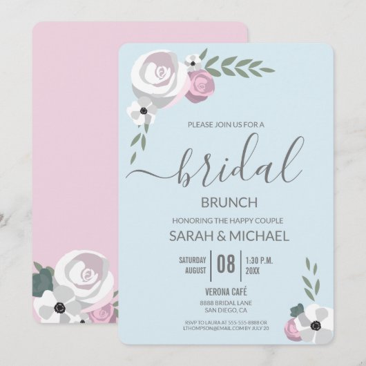 ソフトミストブルーのチークにピンクの花を添えた ブライダル ブランシュ 招待状 (正面/裏面)