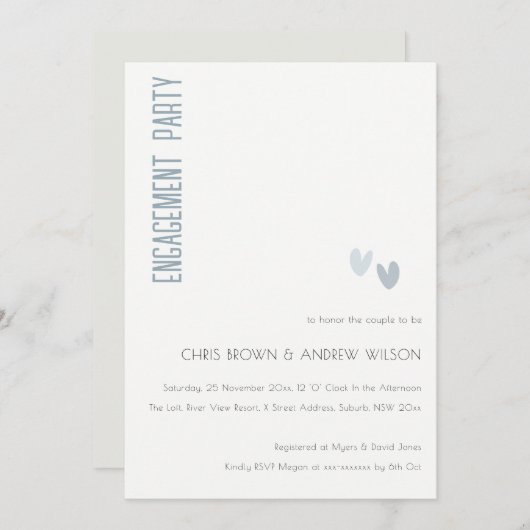 ソフトミニマルダスクイエレガントーブルーハート婚約 招待状 (正面/裏面)