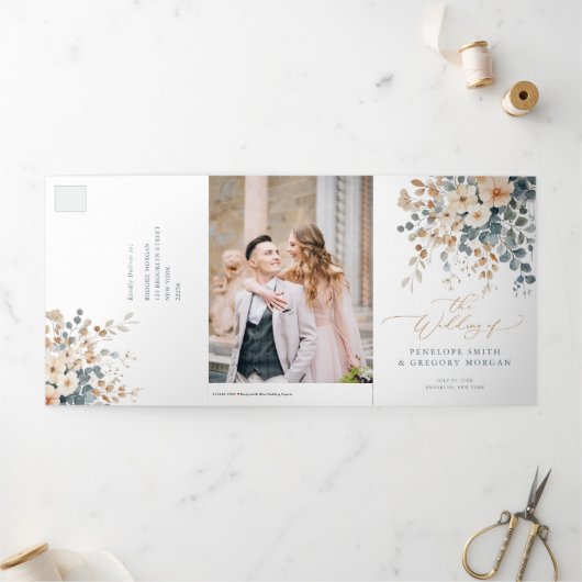 ソフトミュート自然トーンフローラウォーター結婚カラー 三つ折り案内状 (外部)