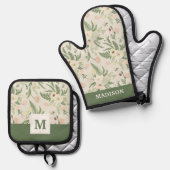 ソフトミントグリーンガーデンフラワーパターン 鍋つかみ&鍋敷きセット (正面/裏面)