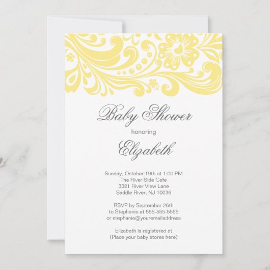 ソフトモダンイエローフローラ旋回ベビーシャワー 招待状 (正面)