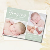 ソフトモダングリーンフォトコラージュ男の赤ちゃん誕生 案内状