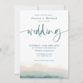 ソフトモダンティール(緑がかった色)水彩夏結婚の台本 招待状 (正面)