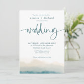 ソフトモダンティール(緑がかった色)水彩夏結婚の台本 招待状 (スタンド正面)