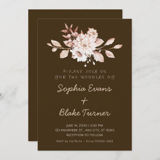 ソフトモダン素朴フローラモチャブラウン結婚ズ 招待状 (正面/裏面)