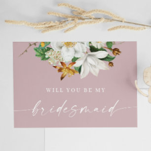 ソフトモーヴピンクの花柄のブライズメイドカード   Will You Be My Bridesmai ポストカード