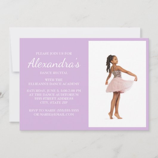 ソフトライトパープルダンスリサイタルフォト招待状 招待状 (正面)